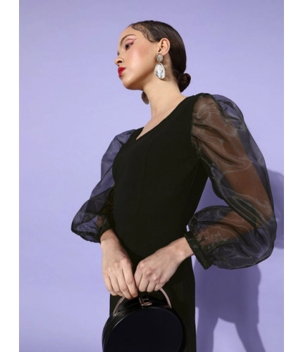 Generic Women's Organza And Polyester Lycra Solid Long Sleeves Dress (Black)