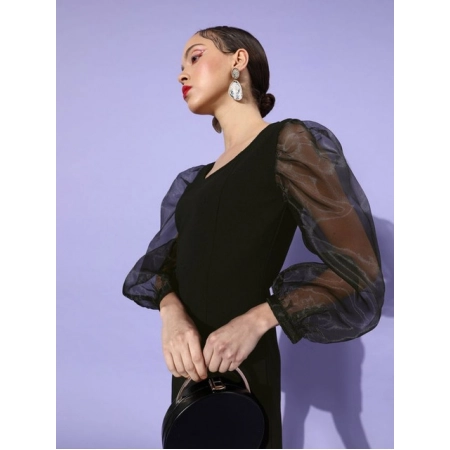 Generic Women's Organza And Polyester Lycra Solid Long Sleeves Dress (Black) Generic Women's Organza And Polyester Lycra Solid Long Sleeves Dress (Black)