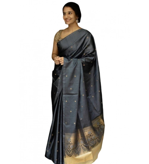 Generic Women's Soft Litchi Silk Jacquard Work Saree With Unstitched Blouse 5.5Mtr (Gray)