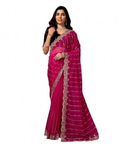 Generic Women's Net Sequence Saree With Unstitched Blouse 5.5Mtr (Pink)