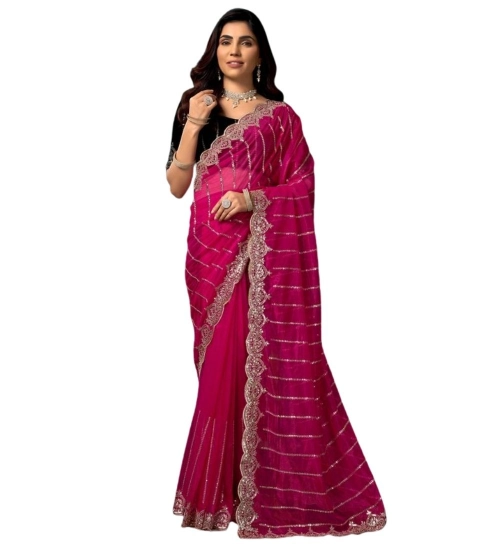 Generic Women's Net Sequence Saree With Unstitched Blouse 5.5Mtr (Pink)