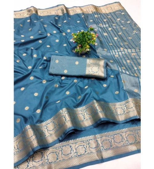 Generic Women's Jacquard Silk Jaquard Woven Saree With Unstitched Blouse 5.5Mtr (Light Blue)