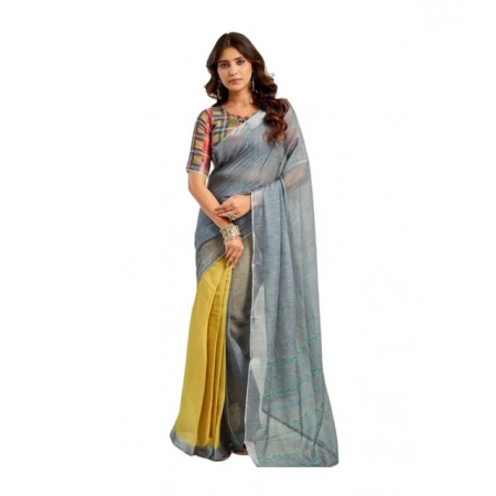 Generic Women's Linen Cotton Printed Ready To Wear Saree With Unstitched Blouse 5.5 Mtr (Grey)