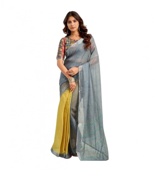 Generic Women's Linen Cotton Printed Ready To Wear Saree With Unstitched Blouse 5.5 Mtr (Grey)