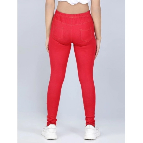 Generic Girl's Cotton Lycra Solid Elasticated Jeggings (Red) Generic Girl's Cotton Lycra Solid Elasticated Jeggings (Red)