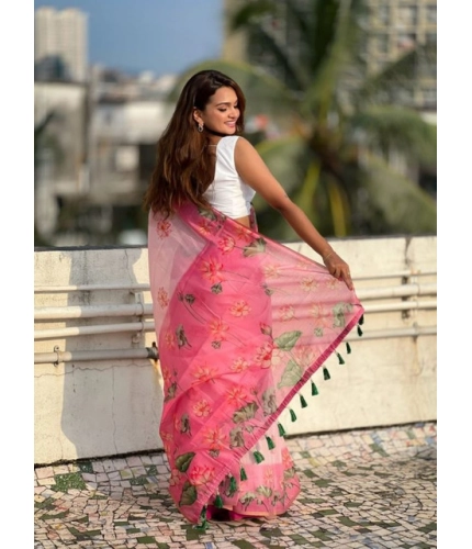 Generic Women's Linen Printed Saree With Unstitched Blouse 5.5Mtr (Pink)