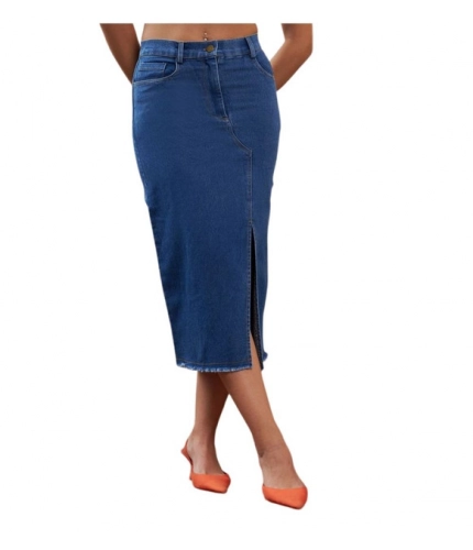 Generic Women's Denim Lycra Solid Button Skirt (Blue)
