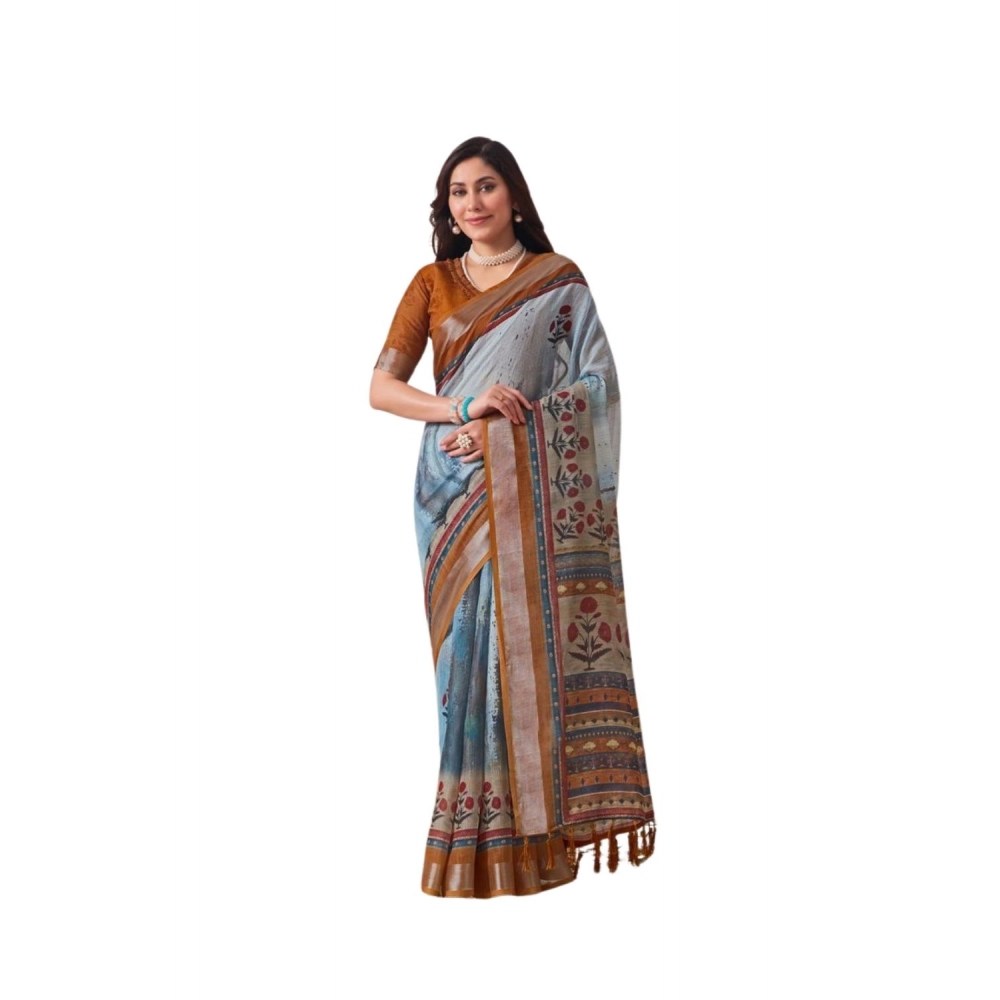Generic Women's Faux_Linen Printed Saree With Unstitched Blouse 5.5Mtr (Blue)