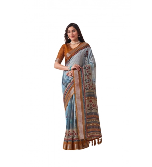 Generic Women's Faux_Linen Printed Saree With Unstitched Blouse 5.5Mtr (Blue)