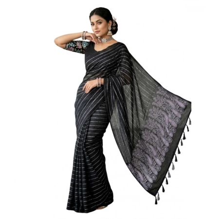 Generic Women's Georgette Striped Saree With Unstitched Blouse 5.5Mtr (Black) Generic Women's Georgette Striped Saree With Unstitched Blouse 5.5Mtr (Black)