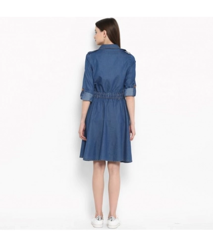 Generic Women's Denim Solid Roll Up Sleeve Dress (Blue)