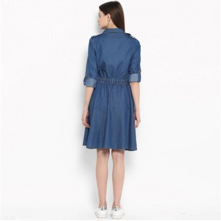 Generic Women's Denim Solid Roll Up Sleeve Dress (Blue) Generic Women's Denim Solid Roll Up Sleeve Dress (Blue)