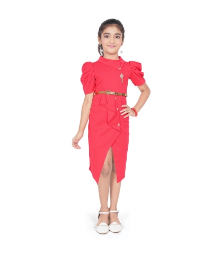 Generic Girl's Cotton Lycra Soild Short Sleeve Close Neck Dress (Pink)