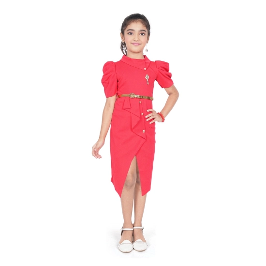 Generic Girl's Cotton Lycra Soild Short Sleeve Close Neck Dress (Pink)