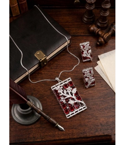 Generic Women's Brass Silver Plated Pendant Set (Red)