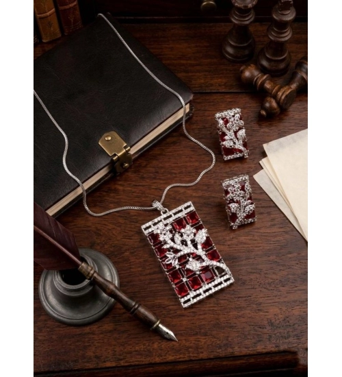 Generic Women's Brass Silver Plated Pendant Set (Red)
