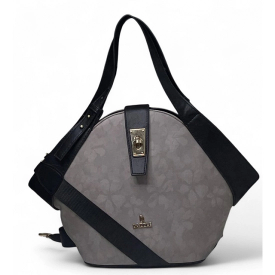 Generic Women's Polyurethane Floral Printed Hexagonal Satchel Handbag with Adjustable Strap (Grey)