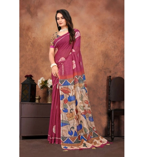 Generic Women's Linen Printed Saree With Unstitched Blouse 5.5Mtr (Purple)