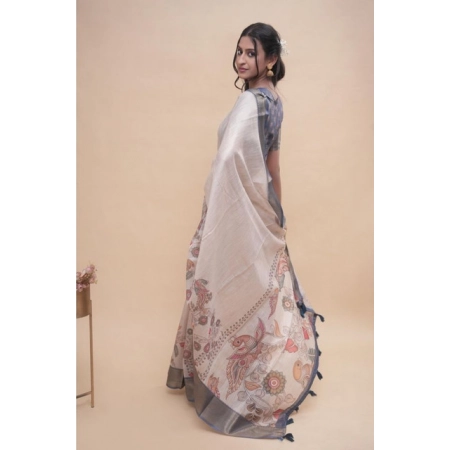 Generic Women's Polyester Printed Saree With Unstitched Blouse 5.5 Mtr (Off-White)