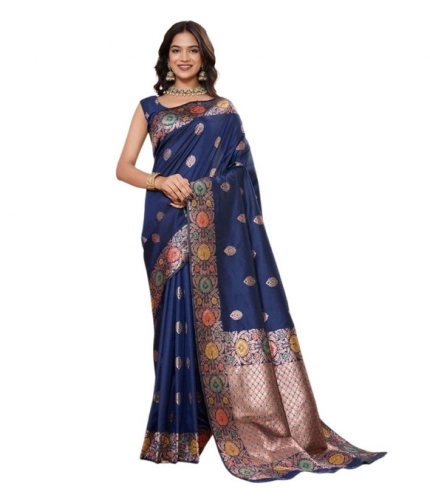 Generic Women's Faux_Banarasi_Silk Woven Saree With Unstitched Blouse 5.5Mtr (Navy_Blue)