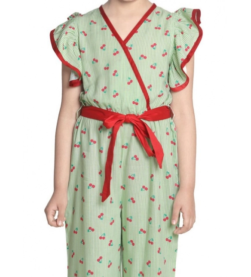 Generic Girl's Rayon Printed Flutter Jumpsuit (Green)