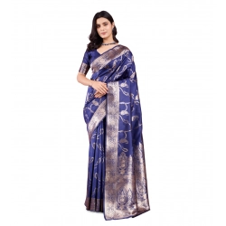 Generic Women's Banarasi Silk Printed Saree With Unstitched Blouse 5.5Mtr (Blue)