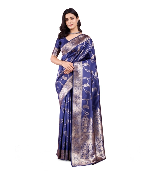 Generic Women's Banarasi Silk Printed Saree With Unstitched Blouse 5.5Mtr (Blue)