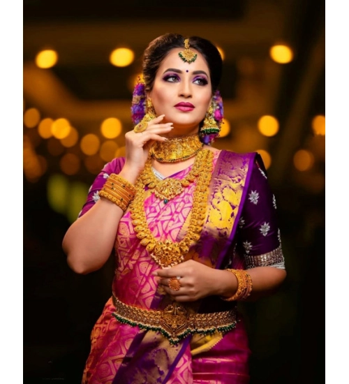 Generic Women's Soft Lichi Silk Printed Saree With Unstitched Blouse 5.5Mtr (Pink)