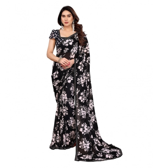 Generic Women's Georgette Printed Saree With Unstitched Blouse 5.5Mtr (Black)