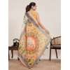 Generic Women's Linen Floral Printed Saree With Unstitched Blouse 5.5Mtr (Beige)