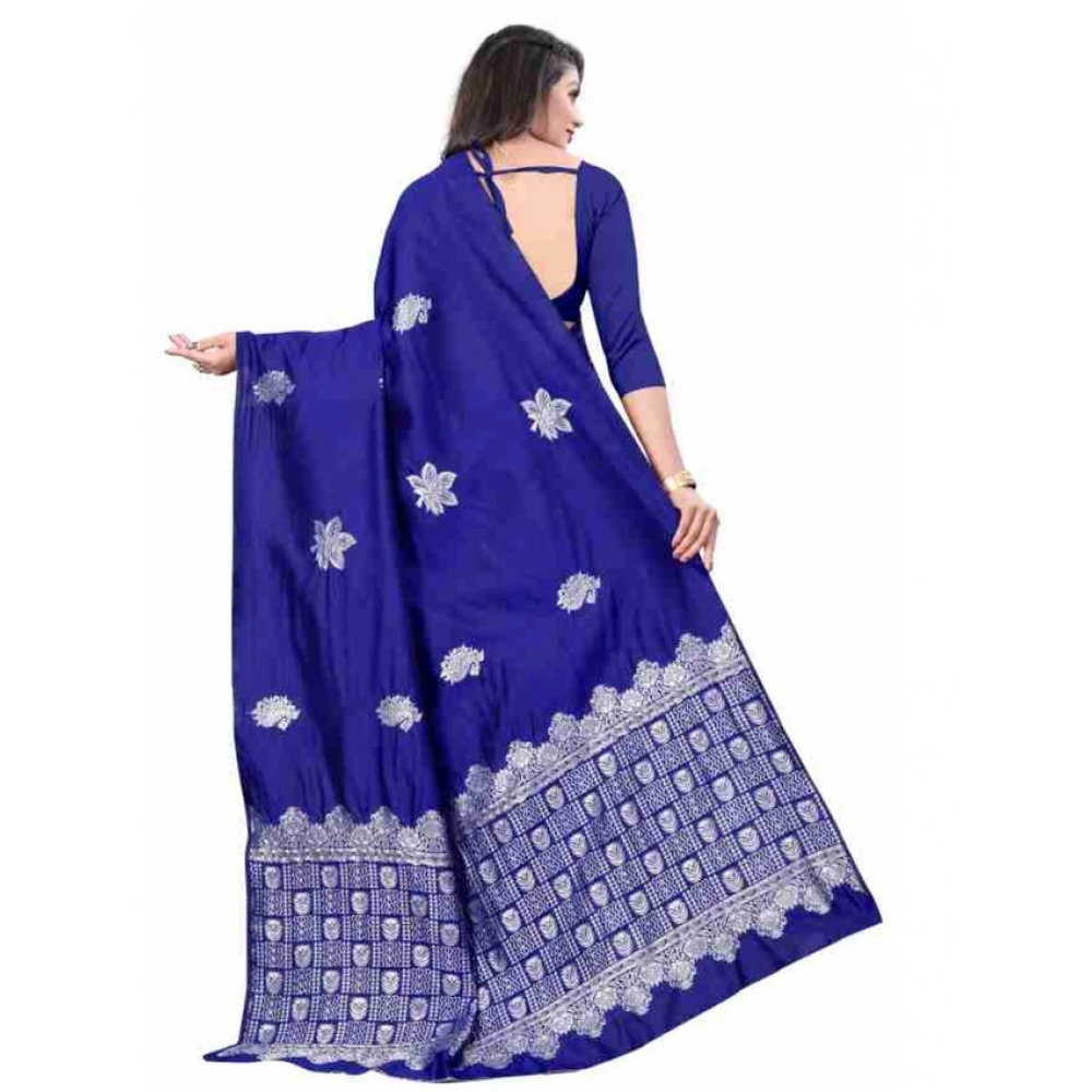 Generic Women's Soft Lichi Silk Printed Saree With Unstitched Blouse 5.5Mtr (Blue)