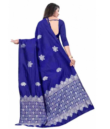Generic Women's Soft Lichi Silk Printed Saree With Unstitched Blouse 5.5Mtr (Blue)