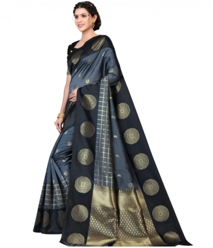 Generic Women's Soft Lichi Silk Printed Saree With Unstitched Blouse 5.5Mtr (Black)