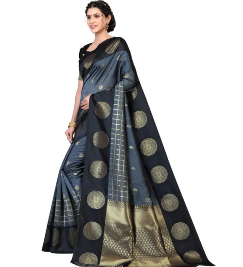 Generic Women's Soft Lichi Silk Printed Saree With Unstitched Blouse 5.5Mtr (Black)