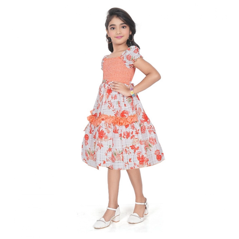 Generic Girl's Twill Printed Short Sleeve Squre Neck Dress (Red) Generic Girl's Twill Printed Short Sleeve Squre Neck Dress (Red)