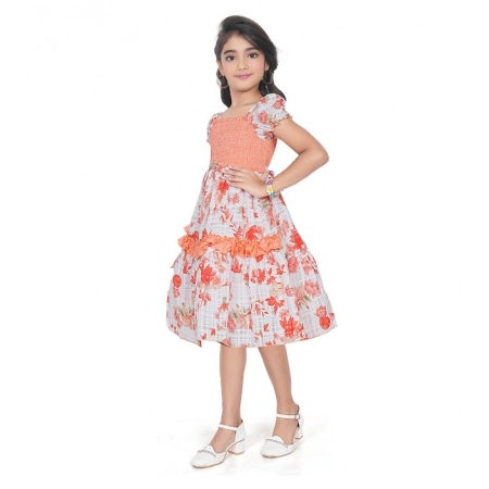 Generic Girl's Twill Printed Short Sleeve Squre Neck Dress (Red)