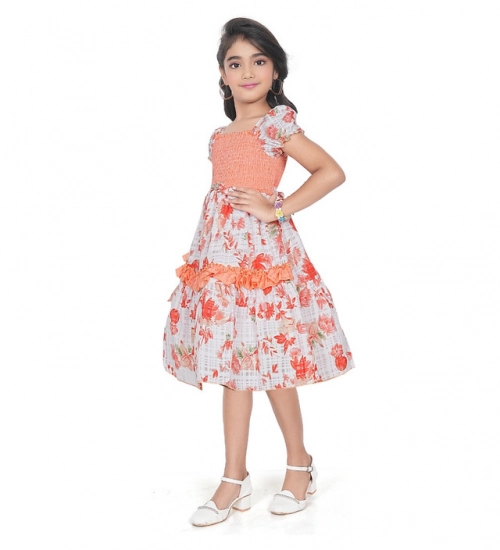 Generic Girl's Twill Printed Short Sleeve Squre Neck Dress (Red)