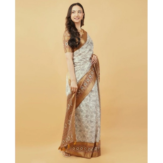 Generic Women's Polyester Printed Saree With Unstitched Blouse 5.5 Mtr (Off-White)