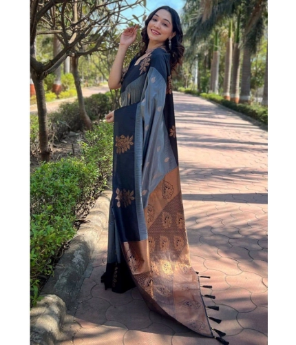 Generic Women's Soft Lichi Silk Printed Saree With Unstitched Blouse 5.5Mtr (Grey)