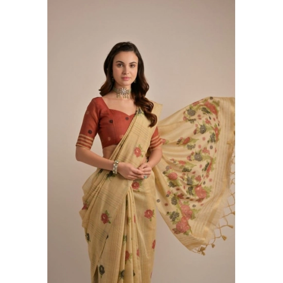Generic Women's Blended_Cotton Floral Motifs And Woven Buttas Saree With Unstitched Blouse 5.5Mtr (Light_Beige) Generic Women's Blended_Cotton Floral Motifs And Woven Buttas Saree With Unstitched Blouse 5.5Mtr (Light_Beige)