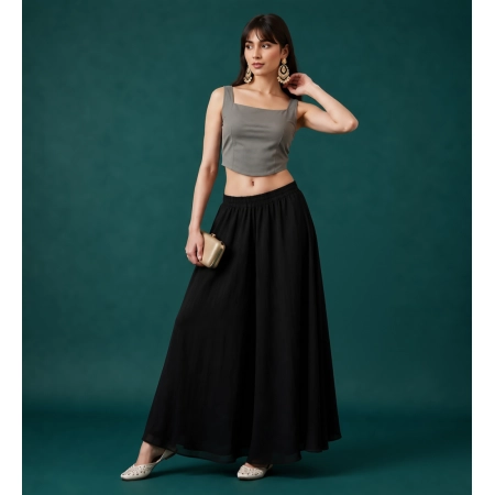 Generic Women's Georgette Solid Mid-Rise Wide Leg Flared Palazzo Pants with Elastic Waist (Black)