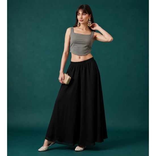 Generic Women's Georgette Solid Mid-Rise Wide Leg Flared Palazzo Pants with Elastic Waist (Black) Generic Women's Georgette Solid Mid-Rise Wide Leg Flared Palazzo Pants with Elastic Waist (Black)