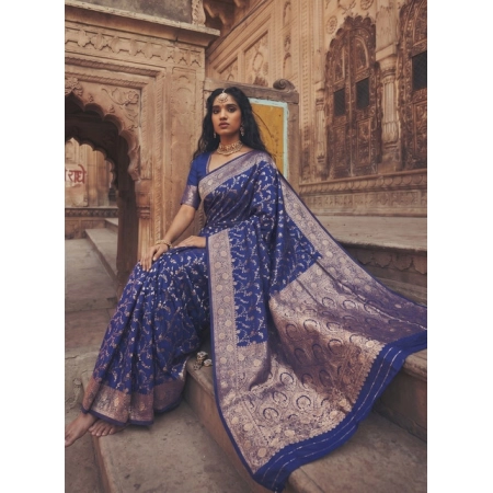 Generic Women's Art Silk Printed Saree With Unstitched Blouse 5.5Mtr (Navy Blue)
