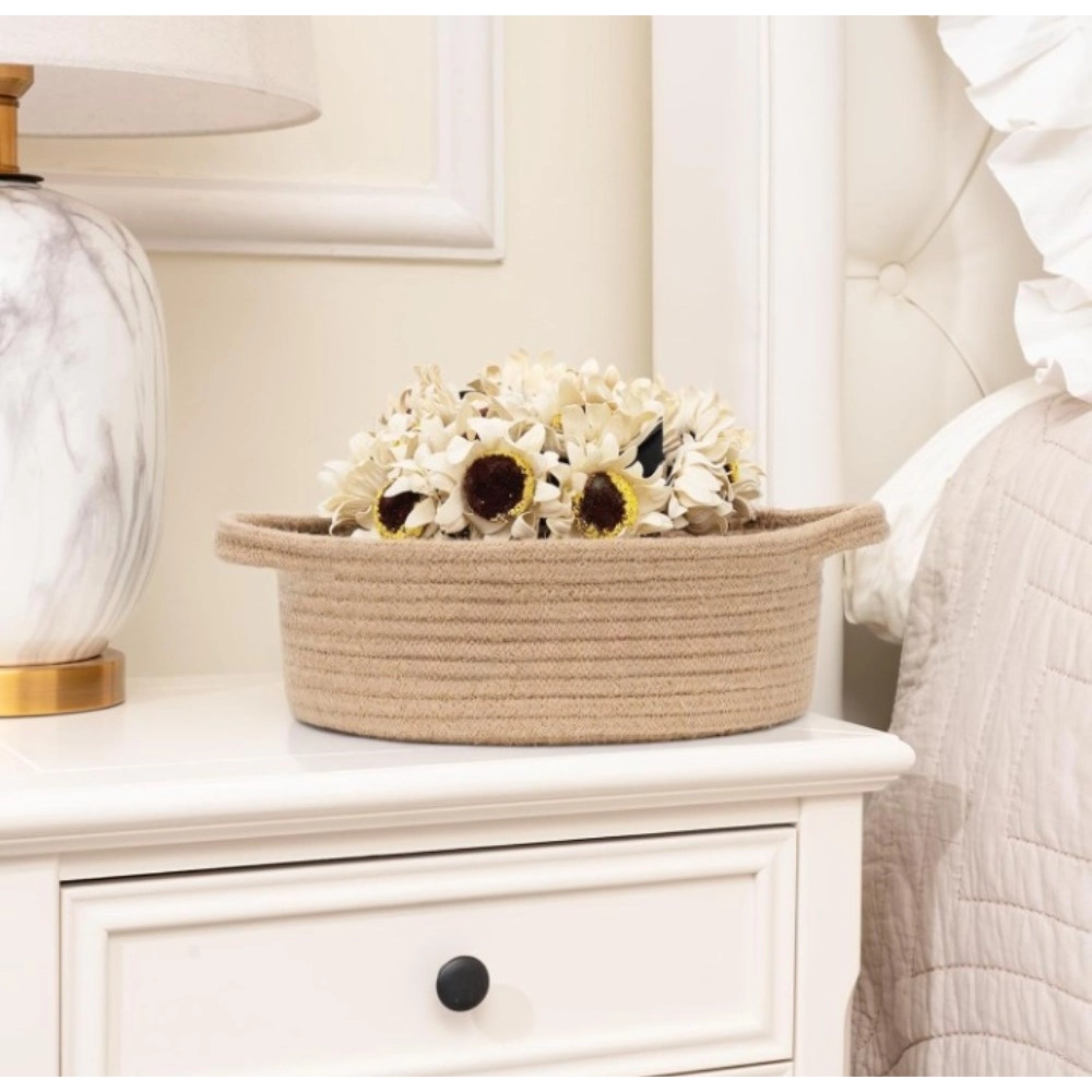 Generic Cotton 8x3 Inch Round Bedside Organizer With Out Lid (Beige)