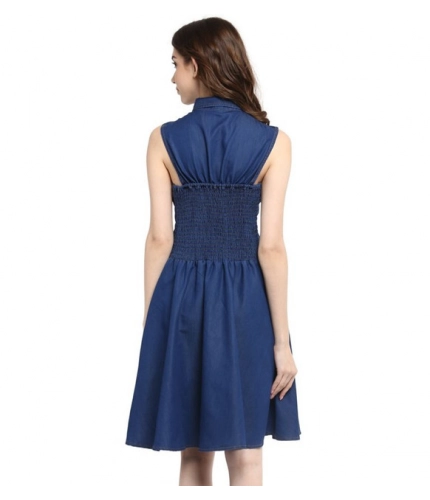 Generic Women's Denim Solid Sleeveless Dress (Navy Blue)
