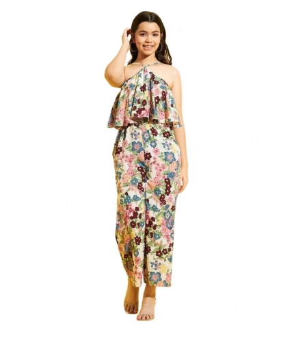 Generic Girl's Polyester Crepe Floral Sleeveless Jumpsuit (Multicolor)