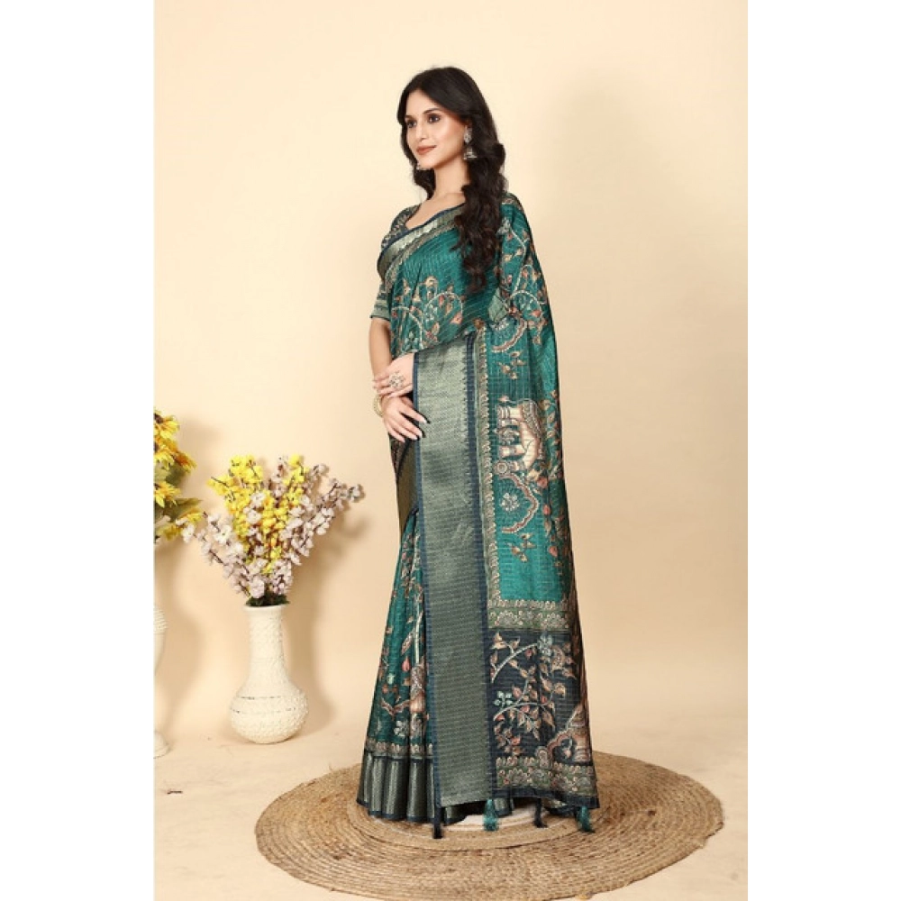 Women's Cotton Silk Printed Saree With Unstitched Blouse 5.5Mtr (Teal)