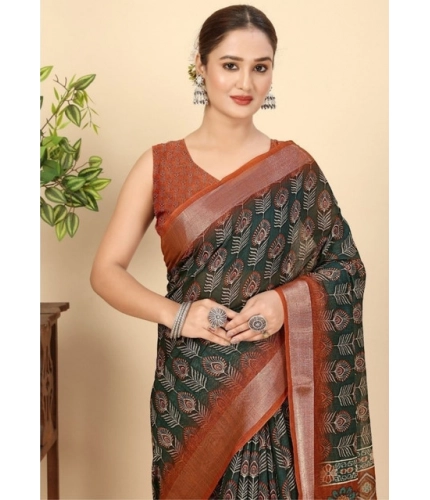 Generic Women's Cotton Silk Printed Saree With Unstitched Blouse 5.5Mtr (Multicolor)
