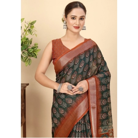 Generic Women's Cotton Silk Printed Saree With Unstitched Blouse 5.5Mtr (Multicolor)