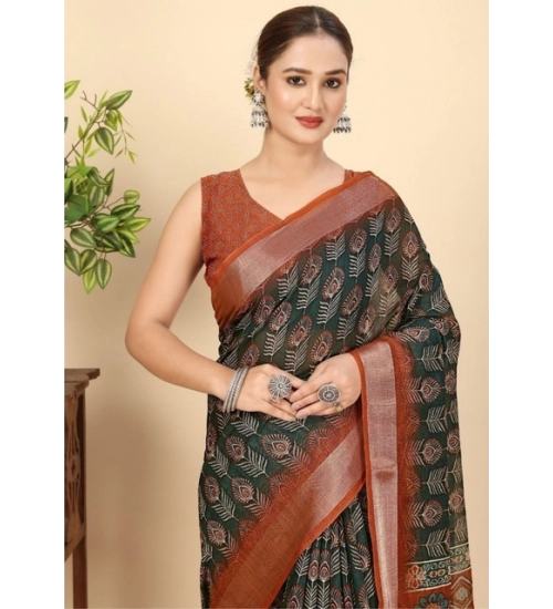 Generic Women's Cotton Silk Printed Saree With Unstitched Blouse 5.5Mtr (Multicolor)